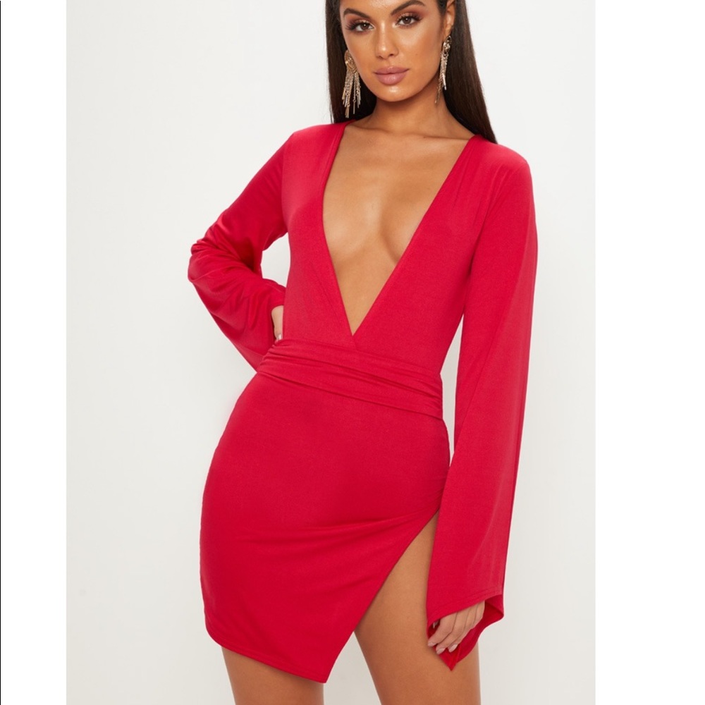 Red Mini pretty little thing flare sleeve dress with split